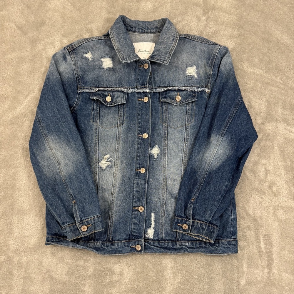 Kancan Jean Jacket Womens 0X Plus Blue Denim Distressed Medium Wash Button Front